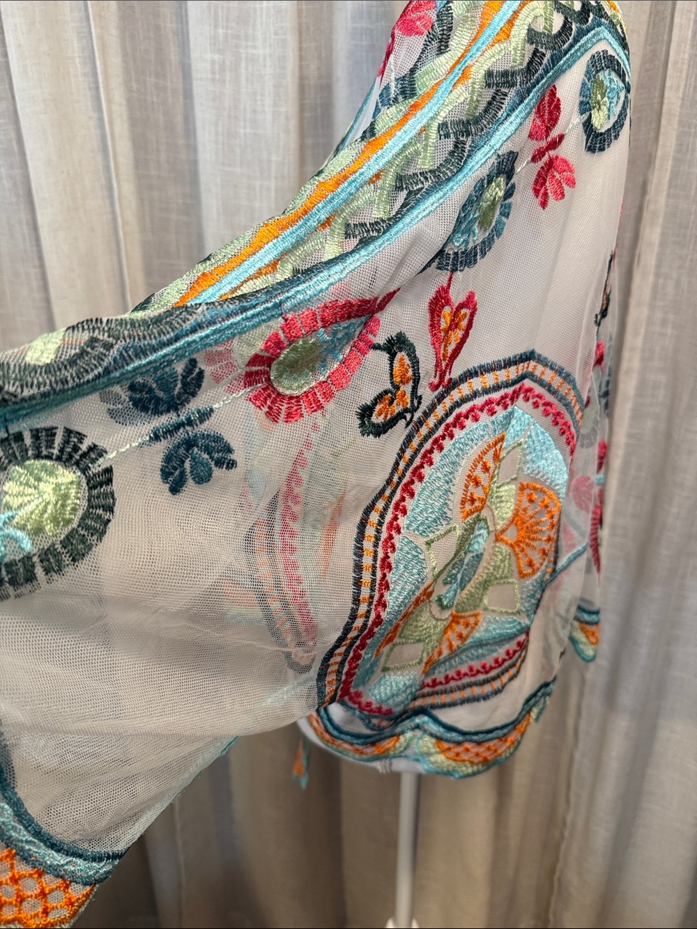 Boho Embroidered Mesh Tie Front Kimono Cardigan Cover Up One Size - Picture 4 of 11